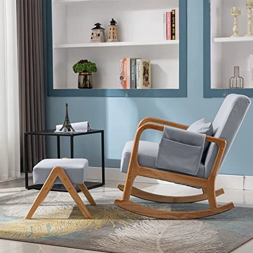 Prahalum Nursery Rocking Chairs Glider, Rocker Chair With Ottoman Set, Comfy Nursing Armchair For Mom, Living Room,Side Pocket, Lumbar Pillow, Leathaire, Light Gray - Image 4