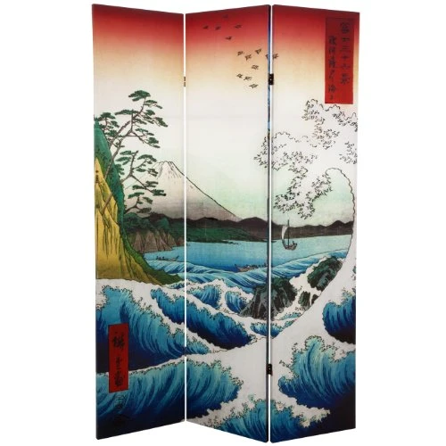 Oriental Furniture 6 Ft. Tall Double Sided Hiroshige Room Divider - Sea At Satta/Teahouse - Image 2