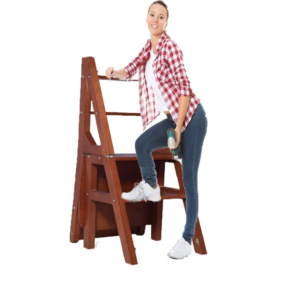 Solid Rubber Wood Folding Library Ladder Chair,Step Ladders Step Chair,Foldable 4-Step Stool Dual Purpose Stepladders,4-Step Climb Step,Folding Ladder Chair,Display Stand,Flower Stand - Image 4