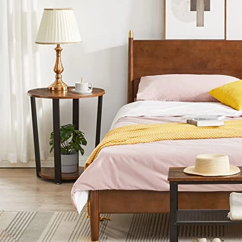 YMYNY Industrial End Table, 2 Tier Round Side Table With Sturdy Metal Frame, Vintage Nightstand For Living Room, Bedroom, Set Of 2, With Storage, Easy Assembly, Rustic Brown UHTMJ020H-2 - Image 2