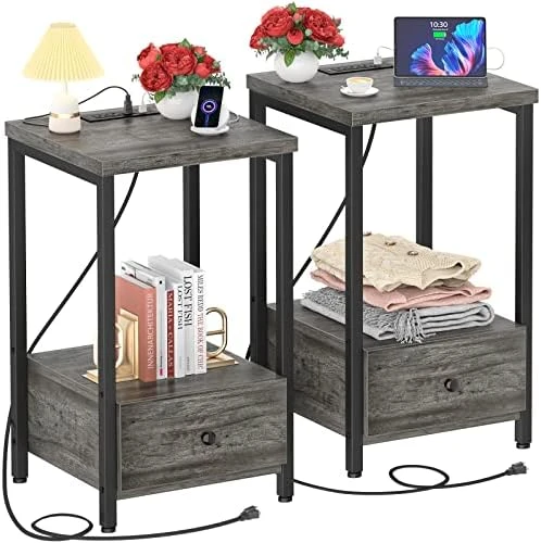 Ecoprsio Nightstands Set Of 2 With Charging Station, Modern Night Stand Bedside Table With Storage Drawer And Shelf, End Side Table With USB Ports & Power Outlets For Bedroom Living Room, Grey Oak - Image 7