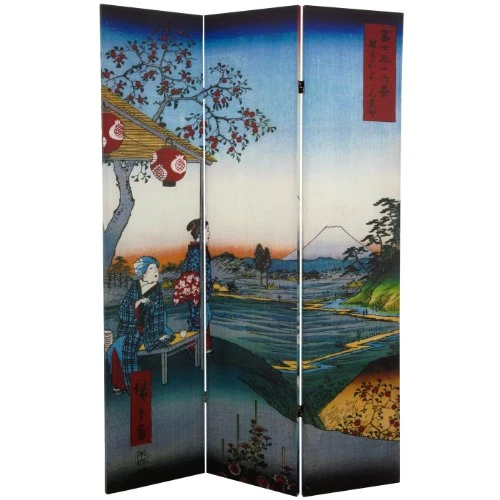Oriental Furniture 6 Ft. Tall Double Sided Hiroshige Room Divider - Sea At Satta/Teahouse - Image 3