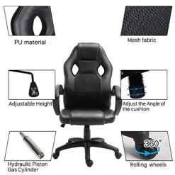 Polar Aurora Office Chair PU Leather Racing Style Computer Gaming Chairs Adjustable Swivel Desk Chair Black