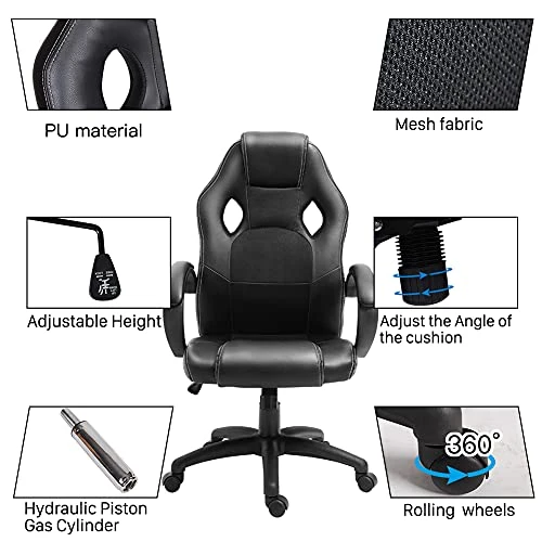 Polar Aurora Office Chair PU Leather Racing Style Computer Gaming Chairs Adjustable Swivel Desk Chair Black