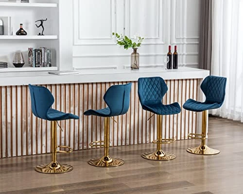 CIMOTA Velvet Bar Stools Set Of 2 Adjustable Height Bar Chairs With Back Modern Swivel Barstools For Kitchen/Home Bar/Dining Room/Office, (23.6 To 31.5 Inch/Gold Base/Navy Blue) - Image 4