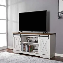 Amerlife TV Stand Sliding Barn Door Modern&Farmhouse Wood Entertainment Center, Storage Cabinet Table Living Room With Adjustable Shelves For TVs Up To 65", Distressed White&Rustic