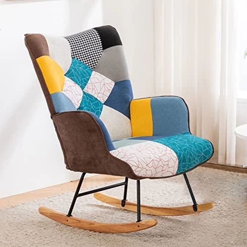 BFU Hxin Nursery Rocking Chair,Small Rocking Chair For Nursery,Cozy Upholstered High Back Glider Rocking Chair With Solid Wood Base For Nursery Living Room Bedroom Baby Room,Rocking Chairs Indoor