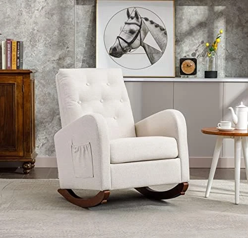 SmartDer Comfy Rocking Chair Nursery, Padded Rocking Chair With A Pocket, Accent Armchair With High Backrest And Solid Wood Base, Modern Lounge Living Room Chair For Nursery, Beige-Smooth Backrest - Image 5