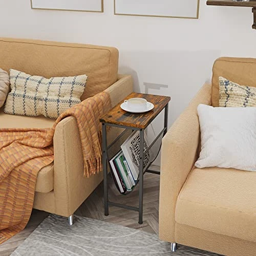 Tangkula Narrow Side Table, End Table With Magazine Holder, 19.5 X 10 X 24 Inch, Wood Look & Black Metal Frame, Skinny Rectangle Sofa End Or Side Table For Small Spaces, Industrial Nightstand(1) - Image 3