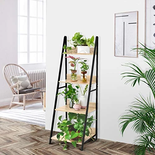 SpringSun 4-Tier Ladder Shelf, Wood Plant Flower Stand Storage Rack Shelf Steel Frame For Office And Home - Image 4