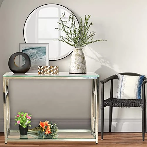 Sofa Table, Glass Console Table With 2-Tier Storage Shelves, Modern End And Narrow Entryway Table For Living Room, Hallway, And Bedroom, Stainless Steel Frame With Geometry Shape - Image 5