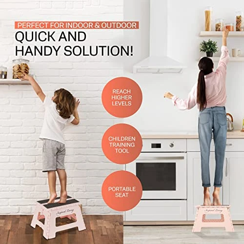 Inspired Living 9" Step Stool, Folding Step Stools For Adults, Plastic Foldable Step Stools Kids, Holds Up To 330 Lbs, Collapsible Folding Stool For Kitchen, Bathroom, Bedroom - Blush Pink - Image 5