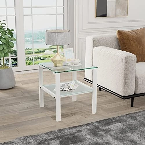 Meihua Glass Top End Table, Square Glass Side Table For Living Room&Bedroom (Black) - Image 9