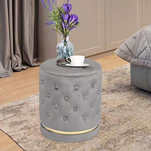 Homebeez 18.9" Round Velvet Storage Ottoman, Pre-Assembled Multi-Function Storage Vanity Stool, Button Tufted Accent Coffee Table With Golden Plate Base,Pink - Image 10