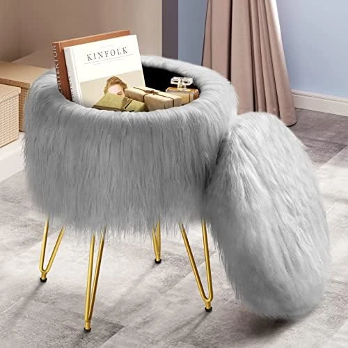 GREENSTELL Vanity Stool Chair With Storage, 15.75" W X 19.29" H Round Faux Fur Ottoman With 4 Metal Legs, Furry Padded Seat, Modern Multifunctional Makeup Stool For Bedroom Living Room Pink - Image 6