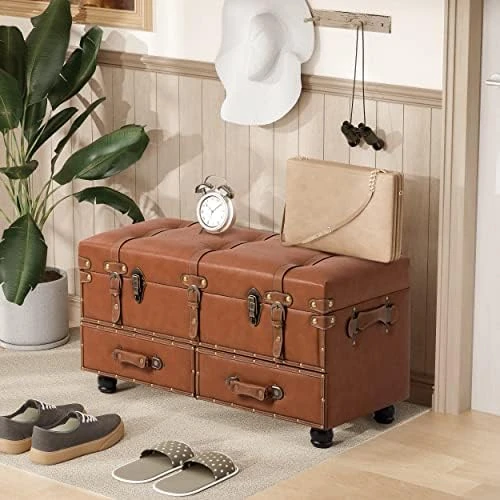 LONYKE Vintage Treasure Chest Bench With Latch Closure And Buckle Trunk, Farmhouse Faux Leather Storage Ottoman Bench For Living Room, Entryway, Bedroom, Sponge Padded ,Black Brown - Image 8