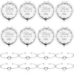 Pack Of 8 Compact Pocket Makeup Mirrors Set Include 1 Bride To Be Mirror 7 Bride Tribe Mirrors And 8 Pack Bridesmaid Love Knot Bracelets For Bachelorette Party Bridesmaid Proposal Gifts (Silver)