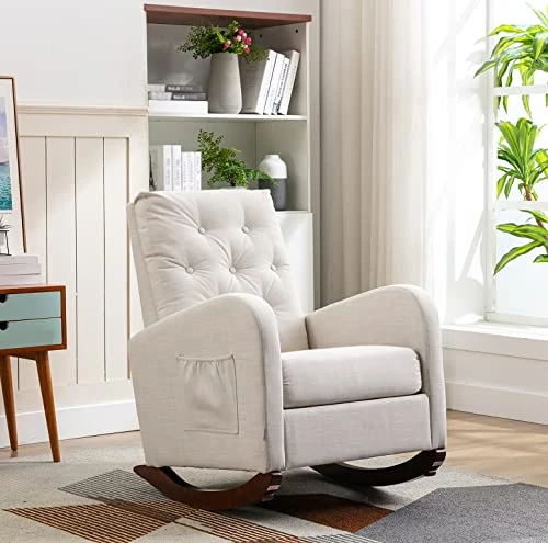 Modern Accent Rocking Chair, Upholstered Nursery Glider Rocker For Baby And Kids, Comfy Armchair With Side Pocket, Living Room Lounge Arm Chair, High Backrest With Decorative Buttons, Off White
