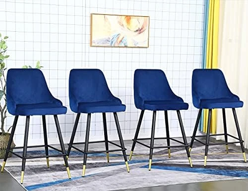 Velvet Counter Stools Set Of 4 - Upholstery Barstools Bar Stools Counter Height Stools For Kitchen Island, Modern Bar Chairs Dining Chairs With Back And Arm, Pack Of 4 Pieces (Blue) - Image 6