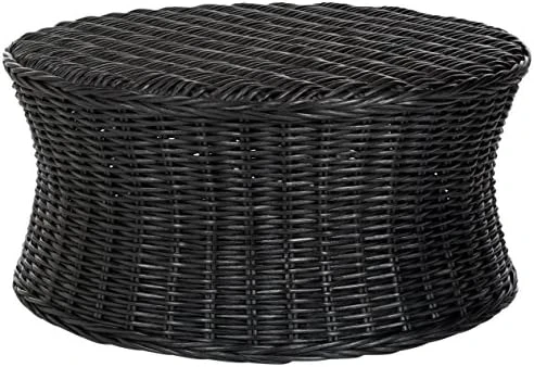 SAFAVIEH Home Collection Ruxton Black Rattan Round Coffee Table Ottoman - Image 5