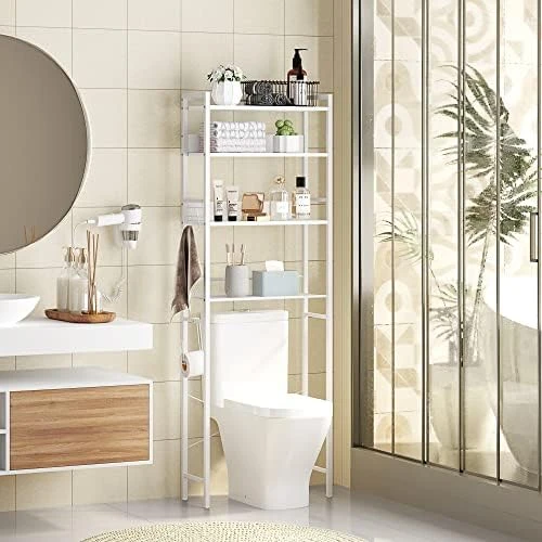 HOME BI Over The Toilet Storage Shelf ,Bathroom Organizer Over The Toilet Storage 4-Tier ,Wooden Freestanding Toilet Shelf For Space Storage Toilet With Hooks(Rustic Brown) - Image 6