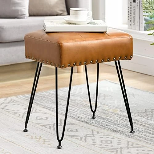 LUE BONA Modern Faux Leather Rectangle Vanity Stool, Vanity Chair For Makeup Room, Whiskey Brown Ottoman Foot Rest Entryway Bench With Black Legs For Bedroom Living Room - Image 10