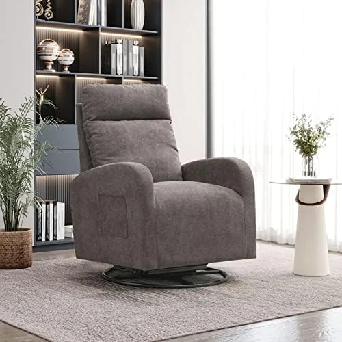 KINFFICT Modern Swivel Glider Chair, Upholstered Accent Glider Rocker For Baby Nursery, Comfy Tall Back Rocking Armchair With Side Pocket And Headrest For Living Room, Bedroom, White Teddy Fabric - Image 7