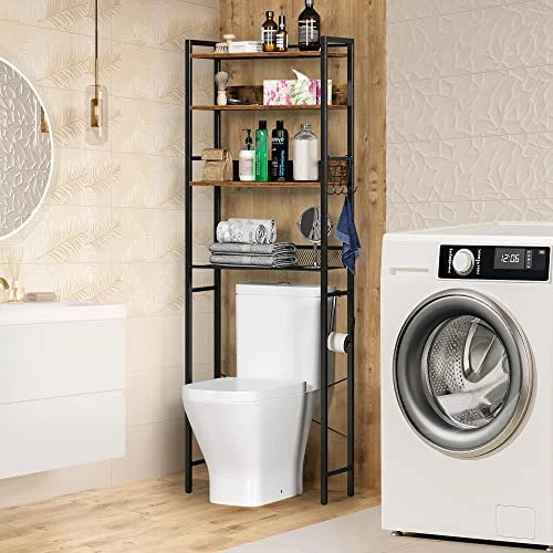 HOME BI Over The Toilet Storage Shelf ,Bathroom Organizer Over The Toilet Storage 4-Tier ,Wooden Freestanding Toilet Shelf For Space Storage Toilet With Hooks(Rustic Brown) - Image 3