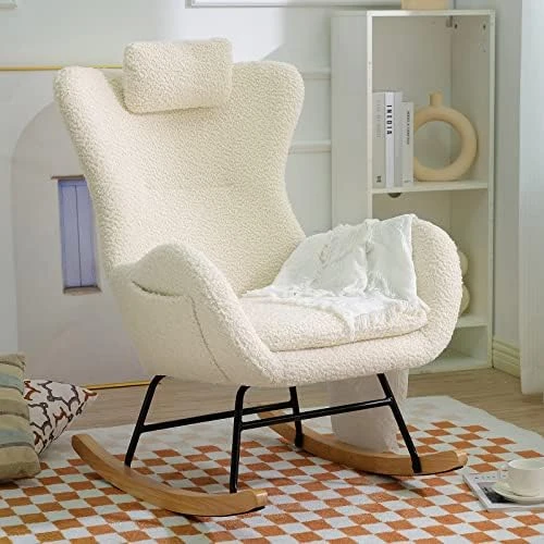 NIOIIKIT Nursery Rocking Chair, Comfy Accent Chair Padded Seat With High Backrest Armchair, Teddy Upholstered Glider Rocker Rocking For Nursery, Living Room, Bedroom (Pink) - Image 5