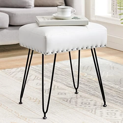 LUE BONA Modern Faux Leather Rectangle Vanity Stool, Vanity Chair For Makeup Room, Whiskey Brown Ottoman Foot Rest Entryway Bench With Black Legs For Bedroom Living Room - Image 11
