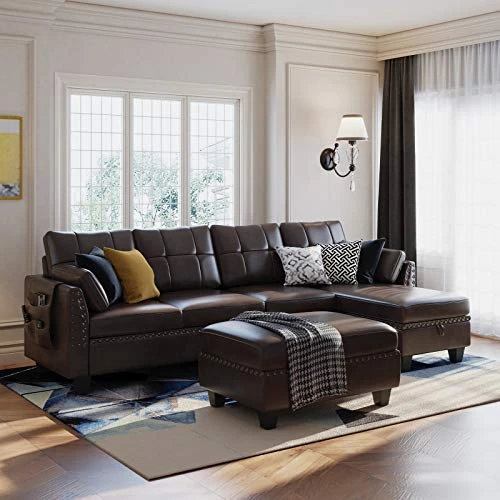 HONBAY Faux Leather Rectangle Bench With Storage Ottoman For Bedroom Upholstered Storage Bench Ottoman For Living Room (Brown Leather, Tray Ottoman) - Image 4