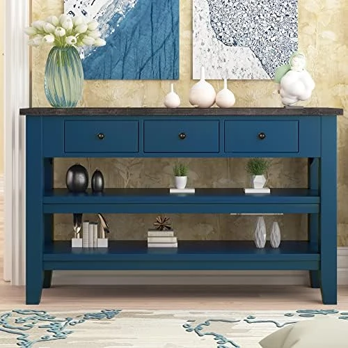 48'' Solid Wood Console Table, Modern Entryway Sofa Side Table With 3 Storage Drawers And 2 Shelves. Easy To Assemble (Blue) - Image 15