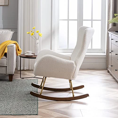DM Furniture Sherpa Rocking Accent Chair Upholstered Nursery Glider Rocker For Baby Nursing Comfy Lounge Chair With Gold Legs For Living Room Bedroom, White - Image 3