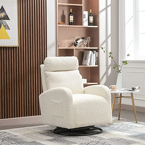 Swivel Rocker Recliner Chair With Metal Base And Side Pocket, Upholstered Nursery Glider Chair, Comfortable Rocking Chair For Nursery, Home And Office, Modern High Back Arm Chair, White Teddy