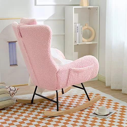 Honeyness Nursery Rocking Chair, Modern Glider Rocker With High Backrest Armchair, Comfy Teddy Upholstered Rocking Accent Chair For Living Room Bedroom Office (Pink) - Image 7