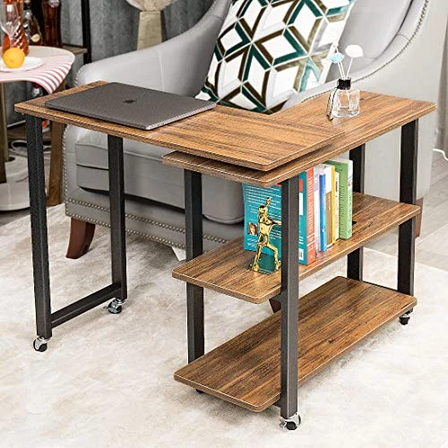 VIVOHOME Sofa Side Table 360° Rotating Mobile End Table Movable Laptop Table With 2 Tiers Storage Shelves 6 Universal Casters For Home Office