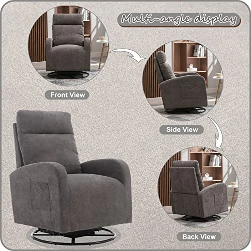 Kurhwyss Swivel Glider Chair For Nursery, Modern Rocker Chair With High Back And Storage Pocket, Upholstered Accent Rocking Chair With Solid Metal Base For Living Room, Bedroom (Dark Gray) - Image 3