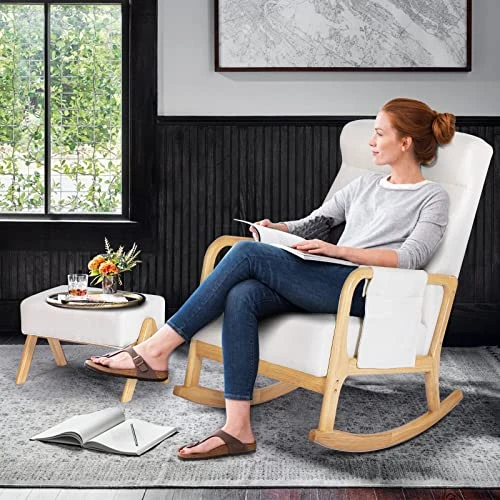 NOBLEMOOD Nursery Rocking Chair With Ottoman, Modern Indoor Baby Nursing Glider Rocker Chair With Free Lumbar Pillow Wooden Armrest For Living Room (Burlywood) - Image 2