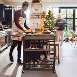 YITAHOME Industrial Bar Carts For The Home, Mobile Serving Cart On Wheels With Removable Wood Top Container, 3-Tier Kitchen Cart With Wine Rack Glasses Holder, Rustic Brown