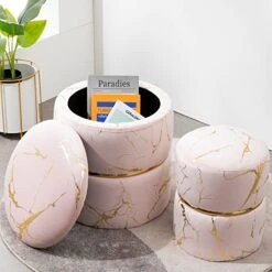 Furnimart Round Bronzing Velvet Storage Ottoman,Vanity Stool Chair,Upholstered Foot Rest Stool With Gold Plating Band For Living Room Or Bedroom,Pack Of 2