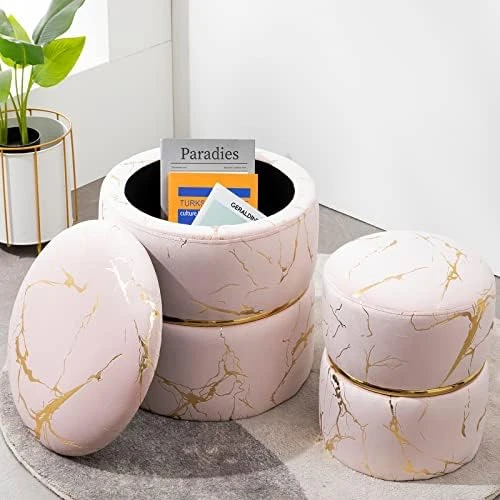 Furnimart Round Bronzing Velvet Storage Ottoman,Vanity Stool Chair,Upholstered Foot Rest Stool With Gold Plating Band For Living Room Or Bedroom,Pack Of 2 - Image 9