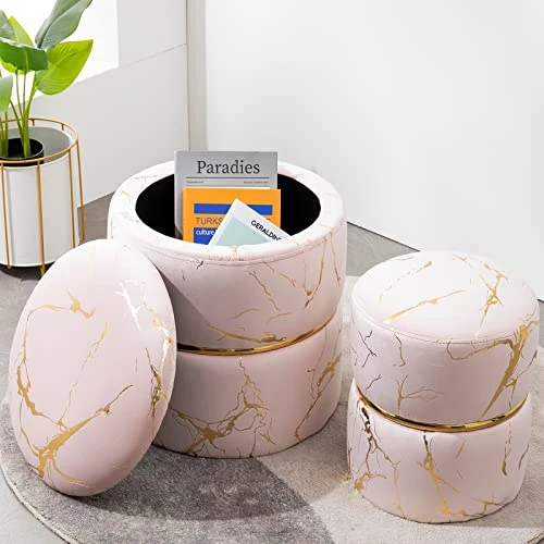 Furnimart Round Bronzing Velvet Storage Ottoman,Vanity Stool Chair,Upholstered Foot Rest Stool With Gold Plating Band For Living Room Or Bedroom,Pack Of 2