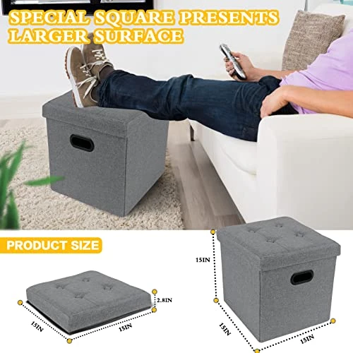 Acehome Storage Ottoman Cube, Small Ottoman With Storage, Folding Square Storage Ottoman With Tray, Cube Ottoman Storage With Handles, Linen Fabric Button Footstool Rest Padded Seat, Dark Grey, 2PC - Image 3