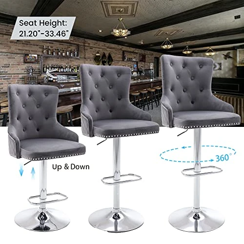 GOOLON Velvet Bar Stool Set Of 2 Lion Pull Ring Swivel Chair For Kitchen Counter Nailhead Upholstered Barstools Height Adjustable Barstools With Chrome Base For Dining Room Kitchen Gray - Image 5