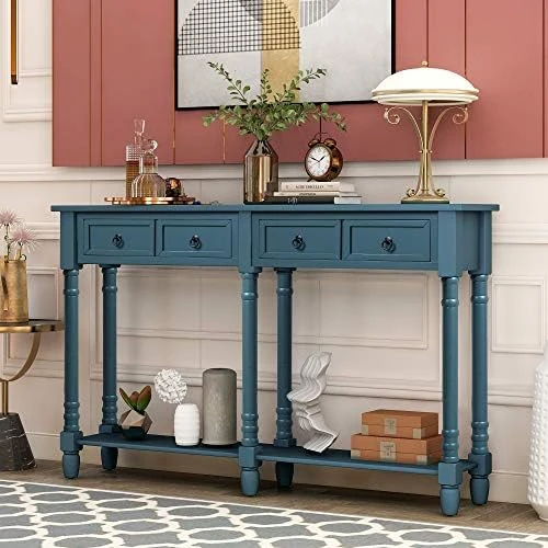 48'' Solid Wood Console Table, Modern Entryway Sofa Side Table With 3 Storage Drawers And 2 Shelves. Easy To Assemble (Blue) - Image 8