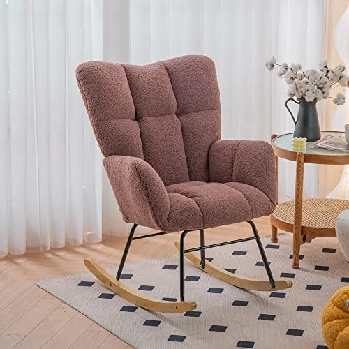 Krinana Teddy Fabric Nursery Rocking Chair, Rocker Armchair With Solid Wood Legs, Glider Chair Nursery With High Backrest For Living Room Apartment (Teddy Fabric, Ivory White) - Image 12