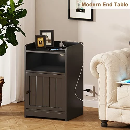 ChooChoo Nightstand With Charging Station, Modern End Side Table With Cabinet And Open Storage For Bedroom, Living Room, Black - Image 2