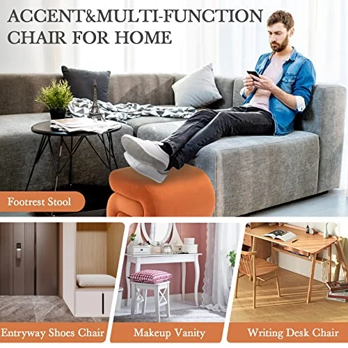 LETESA Modern Velvet Upholstered Ottoman, Exquisite Small End Table, Soft Foot Stool With S-Shape, Dressing Makeup Chair, Comfortable Seat For Living Room, Bedroom, Entrance (Orange, S-Shape) - Image 5