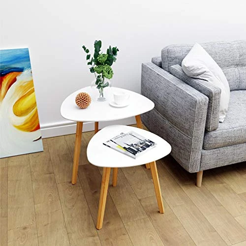 BAMEOS Bamboo Nesting Triangle End Table,Set Of 2 Coffee Table Modern Minimalist Side Table For Living Room, Balcony In White - Image 2