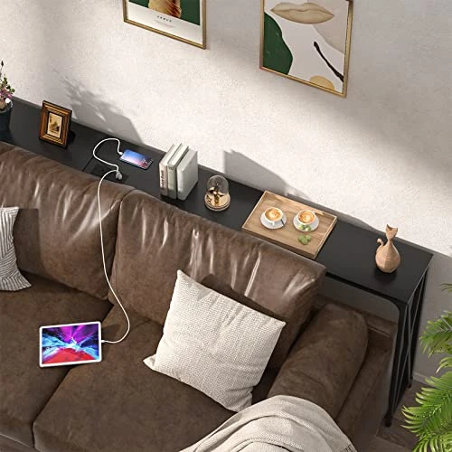Karcog Narrow Console Table With Recessed Power Strip, 47 Inch Sofa Entry Table With 2 AC Outlets & 2 USB Ports, Industrial Farmhouse Style Accent Hallway Table For Living Room, Black - Image 6